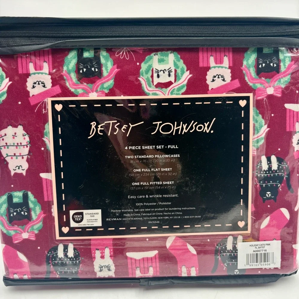Betsey Johnson Full 4 Piece Sheet Set Christmas‎ Holiday Cats Pink Cozy